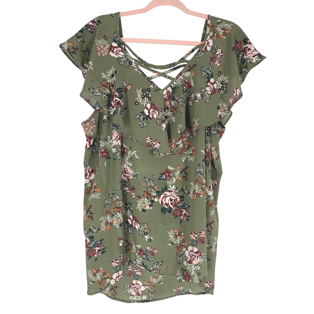 Tempted 2X Olive Floral Ruffle Blouse Boho Flowy Stretch Top